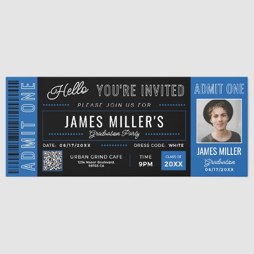Custom Photo Blue Black Graduation Invite Tickets
