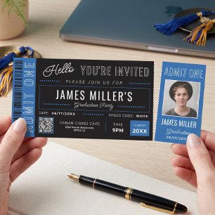 Custom Photo Blue Black Graduation Invite Tickets