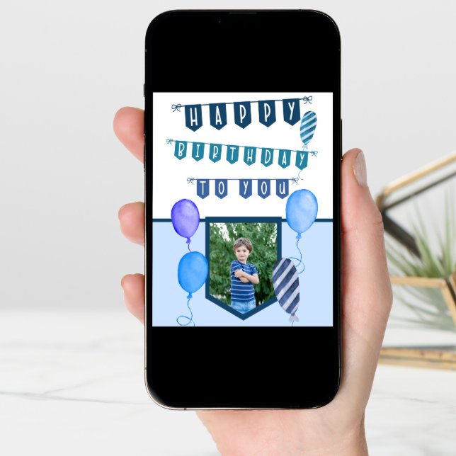 Custom Photo Blue Bunting and Balloons Birthday Card (Front Digital)