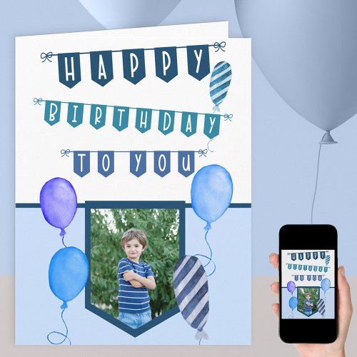Custom Photo Blue Bunting and Balloons Birthday Card