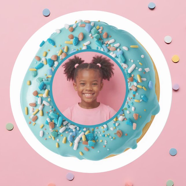 Custom Photo Blue Donut Sprinkles Birthday Party Classic Round Sticker (Custom Photo Blue Donut Sprinkles Birthday Party Classic Round Sticker)