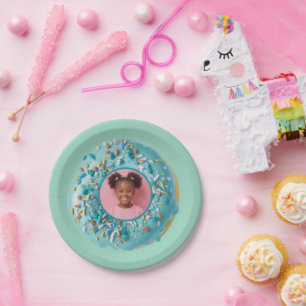 Custom Photo Blue Donut Sprinkles Birthday Party Paper Plates