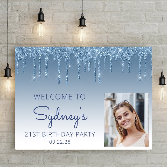 Custom Photo Blue Glitter 21st Birthday Welcome Poster (Creator Uploaded)