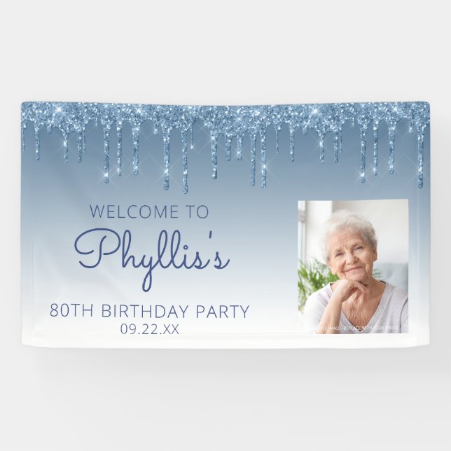 Custom Photo Blue Glitter Drip 80th Birthday Banner (Horizontal)