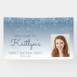 Custom Photo Blue Glitter Drip Sweet 16 Banner