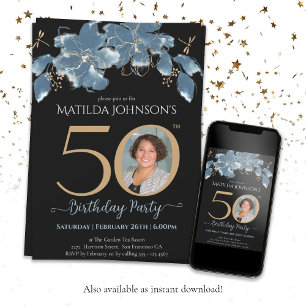Custom Photo Blue Gold Floral 50th Birthday Invitation