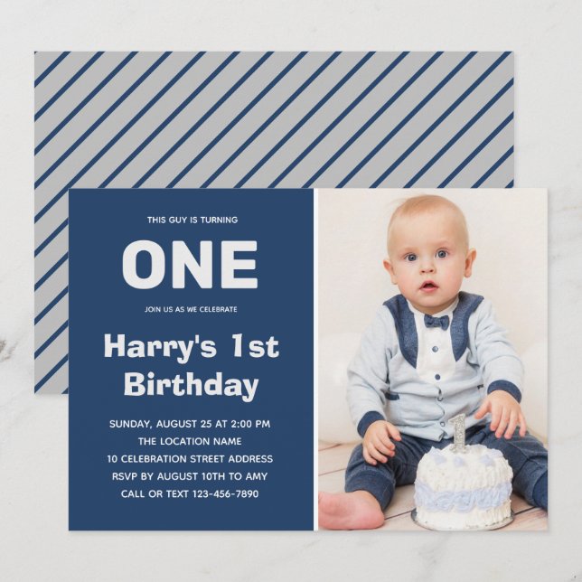 Custom Photo Blue Gray | Boy 1st Birthday Invitation (Front/Back)