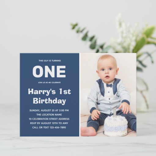 Custom Photo Blue Gray | Boy 1st Birthday Invitation | Zazzle