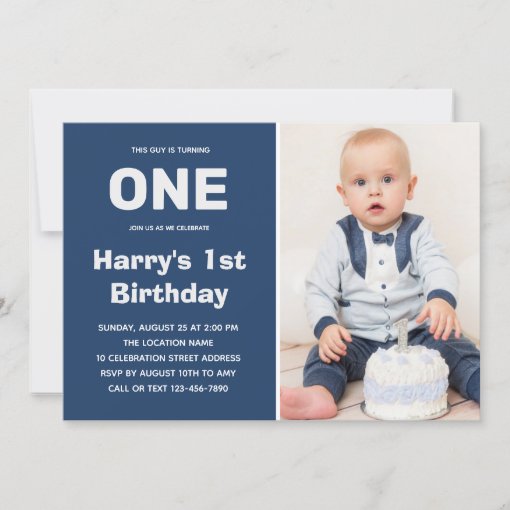 Custom Photo Blue Gray | Boy 1st Birthday Invitation | Zazzle