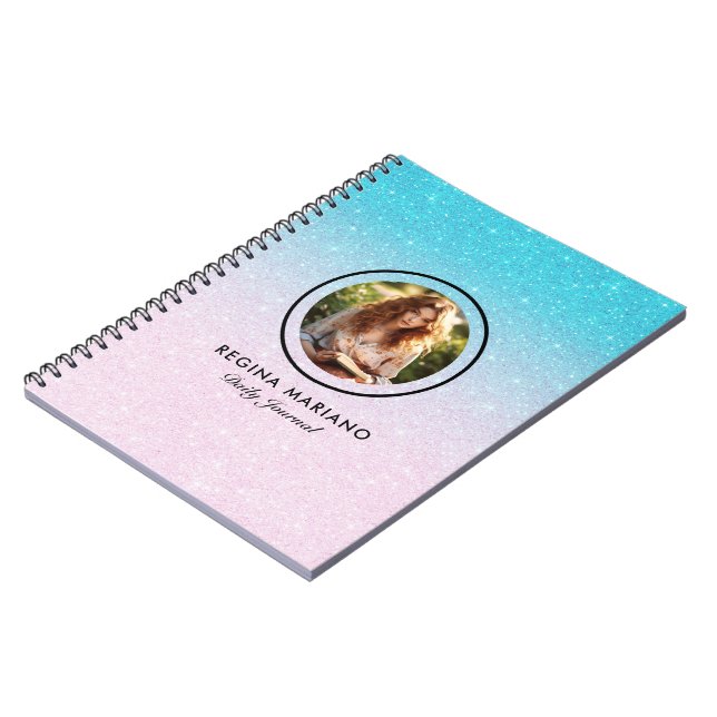 Custom photo blue green glitter ombre notebook (Left Side)