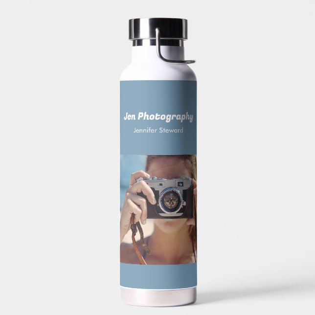 Custom photo blue photographer  water bottle (Left)