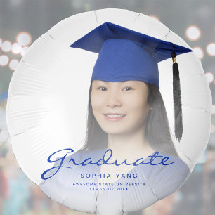 Custom Photo Blue Script Graduation Balloon