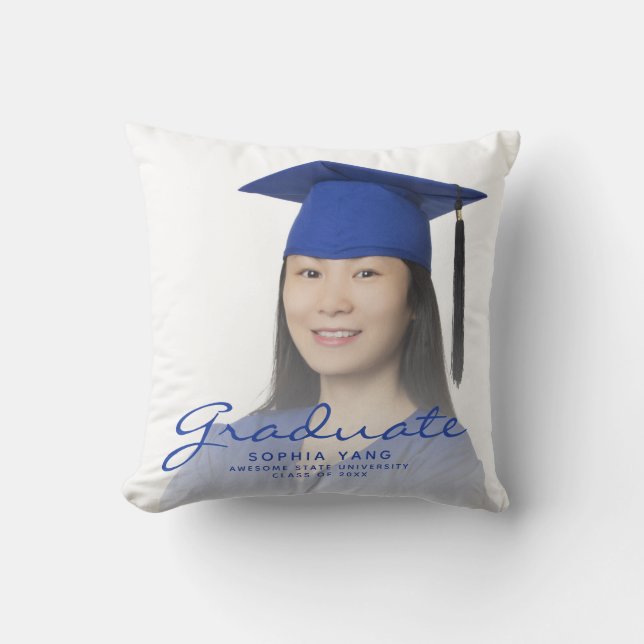 Custom Photo Blue Script Graduation Keepsake Throw Pillow (Front)