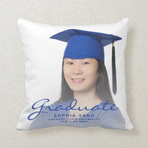 Custom Photo Blue Script Graduation Keepsake Throw Pillow
