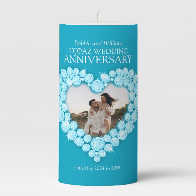 Custom photo blue topaz 4th wedding anniversary pillar candle (Front)