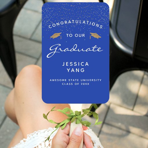 Custom Photo Blue White Gold Graduation Hand Fan | Zazzle