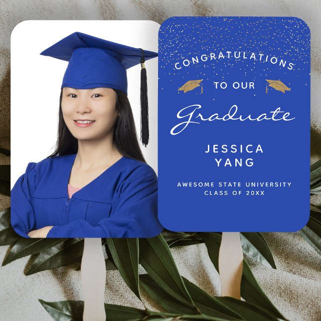 Custom Photo Blue White Gold Graduation Hand Fan (Creator Uploaded)