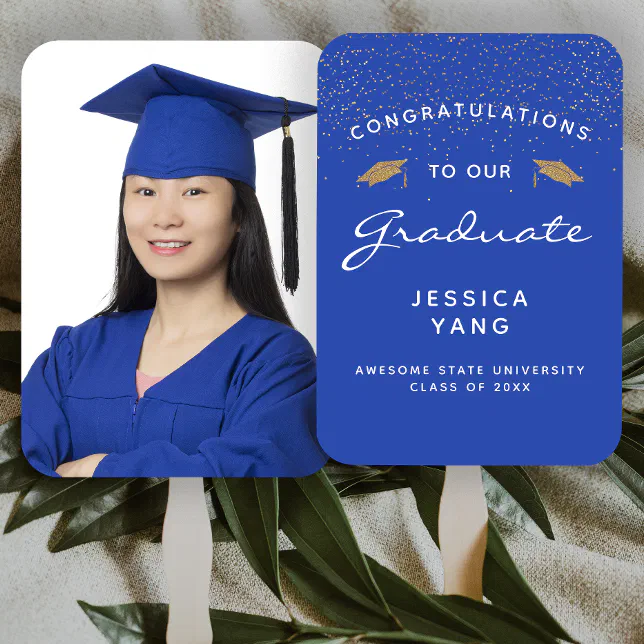 Custom Photo Blue White Gold Graduation Hand Fan | Zazzle