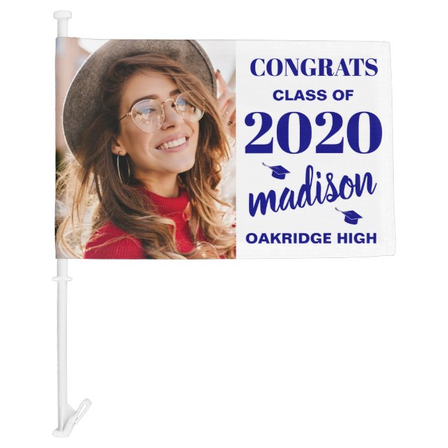 Custom Photo Blue White Graduation Car Flag (Front)
