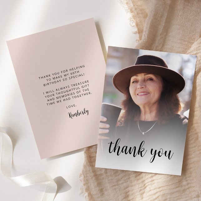 Custom Photo Blush Pink 60th Birthday Party Thank You Card (Creator Uploaded)