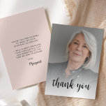 Custom Photo Blush Pink 70th Birthday Party Thank You Card<br><div class="desc">The front of this 70th birthday invitation features the guest of honor's photo with the words "thank you" in elegant black calligraphy script overlay. A white screen helps make the text pop. Customize the reverse side with your personal message in black sans serif font and your name in script on...</div>