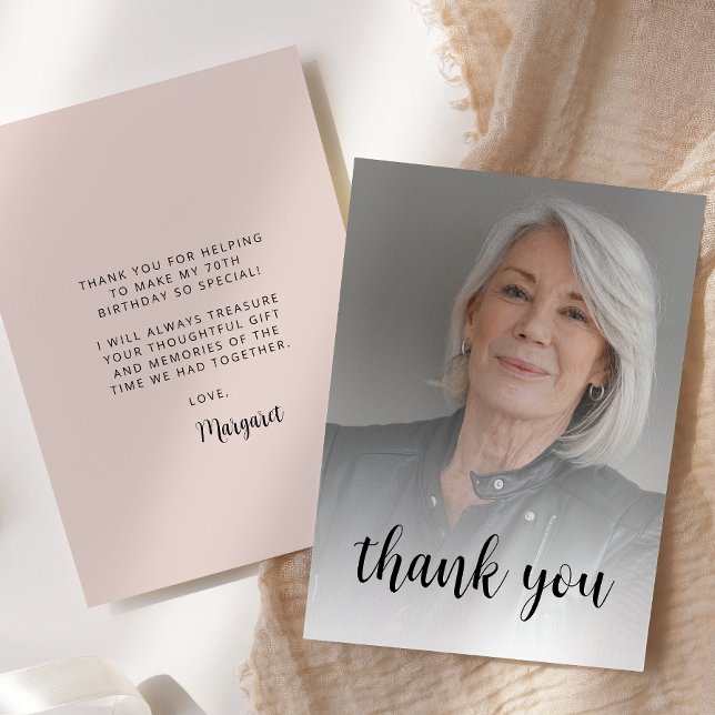 Custom Photo Blush Pink 70th Birthday Party Thank You Card (Creator Uploaded)