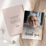 Custom Photo Blush Pink 80th Birthday Party Thank You Card<br><div class="desc">The front of this 80th birthday invitation features the guest of honor's photo with the words "thank you" in elegant black calligraphy script overlay. A white screen helps make the text pop. Customize the reverse side with your personal message in black sans serif font and your name in script on...</div>