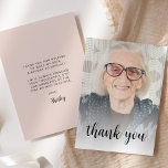 Custom Photo Blush Pink 90th Birthday Party Thank You Card<br><div class="desc">The front of this 90th birthday invitation features the guest of honor's photo with the words "thank you" in elegant black calligraphy script overlay. A white screen helps make the text pop. Customize the reverse side with your personal message in black sans serif font and your name in script on...</div>