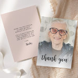 Custom Photo Blush Pink 90th Birthday Party Thank You Card<br><div class="desc">The front of this 90th birthday invitation features the guest of honor's photo with the words "thank you" in elegant black calligraphy script overlay. A white screen helps make the text pop. Customize the reverse side with your personal message in black sans serif font and your name in script on...</div>