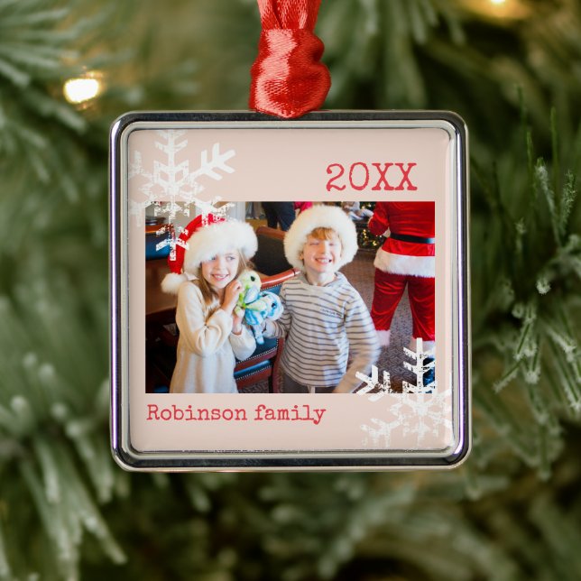 Custom Photo Blush Pink Ornament with Snowflakes (Tree)