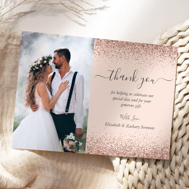 Custom Photo Blush Pink Rose Gold Glitter Wedding Thank You Card (Creator Uploaded)
