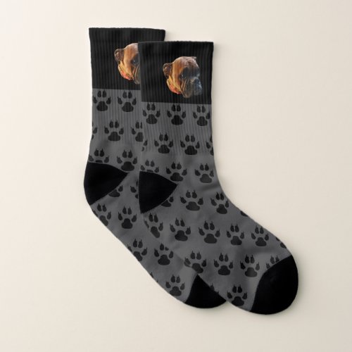 Custom Photo Boxer Dog Black Paw Prints  Socks