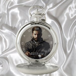 Custom photo boyfriend husband monogram white pocket watch<br><div class="desc">Template for Your own photo of a friend,  boyfriend,  son or husband. Template for a name or text,  white letters.  A great birthday gift or keepsake for him.  White clock face numbers from 8 to 4,  roman style numbers.</div>