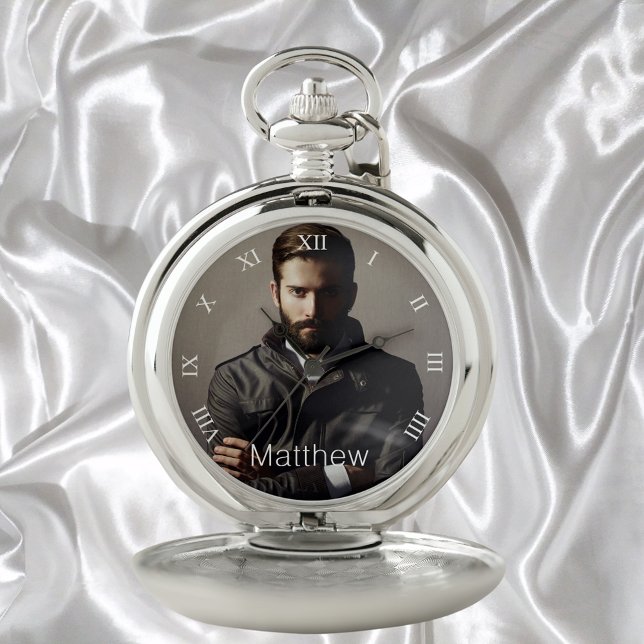Custom photo boyfriend husband monogram white pocket watch (Creator Uploaded)