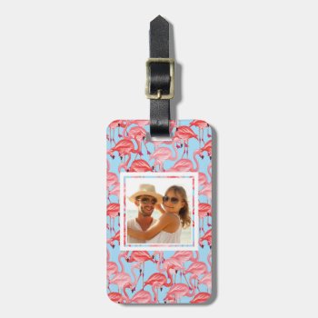Custom Photo Bright Pink Flamingos On Blue Luggage Tag by tropicaldelight at Zazzle