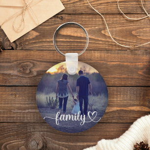 Custom Photo Brush Script Family with Heart Keychain