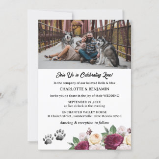 Custom Photo Burgundy Floral Dog Theme Wedding Invitation