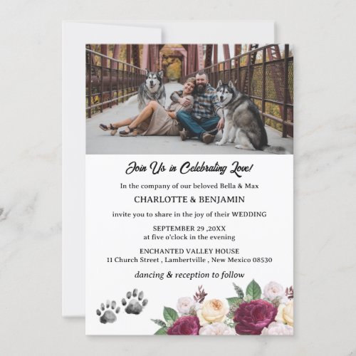 Custom Photo Burgundy Floral Dog Theme Wedding Invitation
