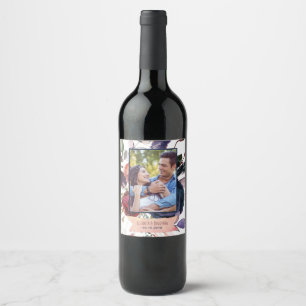 Custom Photo Burgundy Navy Floral Wedding Wine Label