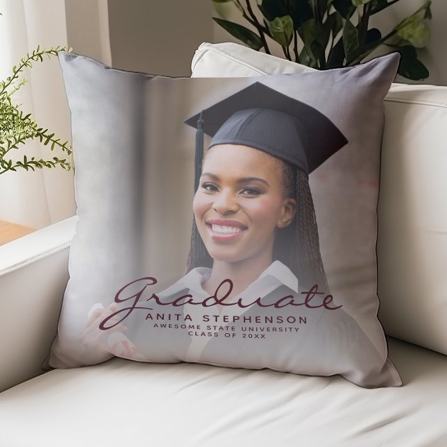 Custom Photo Burgundy Script Graduation Keepsake Throw Pillow (Creator Uploaded)