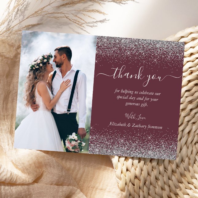 Custom Photo Burgundy Silver Glitter Wedding Thank You Card (Creator Uploaded)