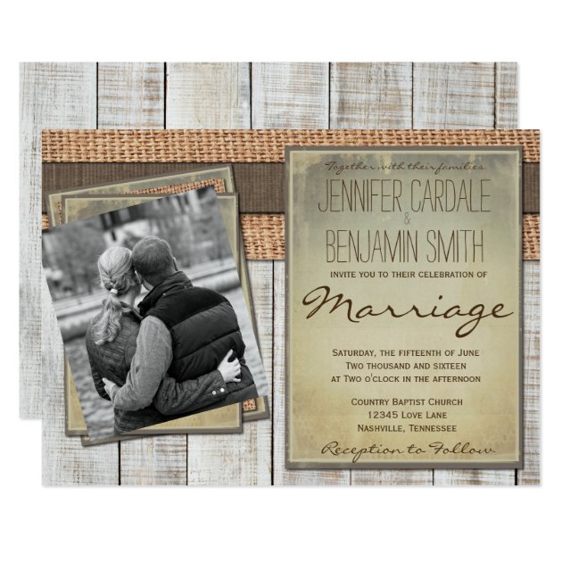 Custom Photo Burlap Barn Wood Wedding Invitations