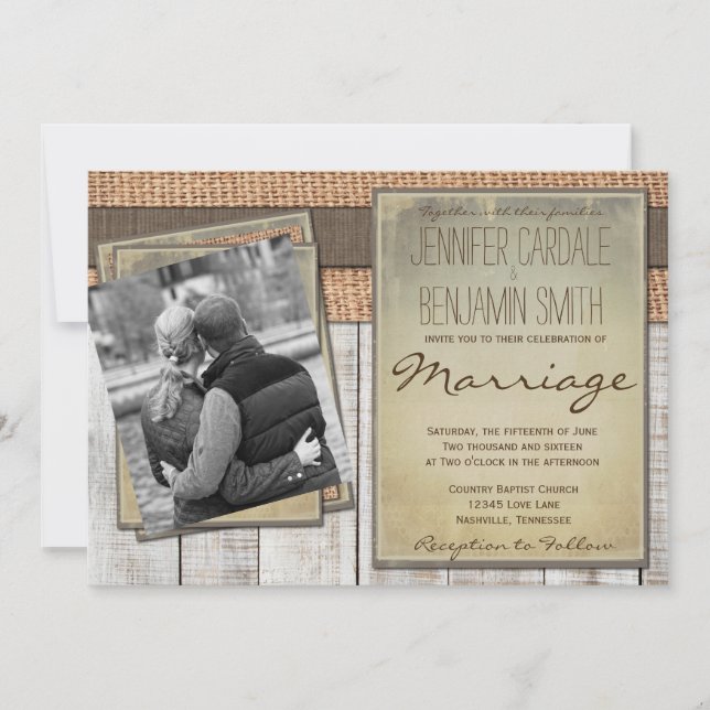 Custom Photo Burlap Barn Wood Wedding Invitations (Front)