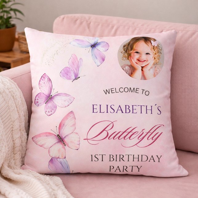 Custom Photo Butterfly 1st Birthday Throw Pillow (Creator Uploaded)