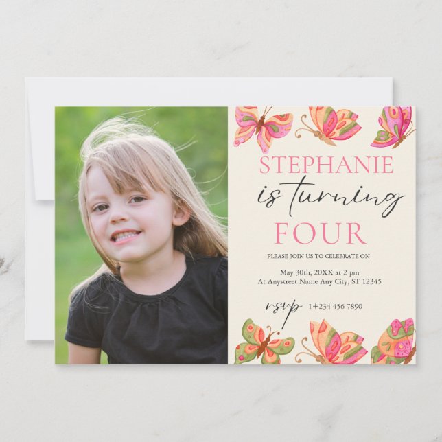 Custom Photo Butterfly Girls Birthday Party Invitation (Front)