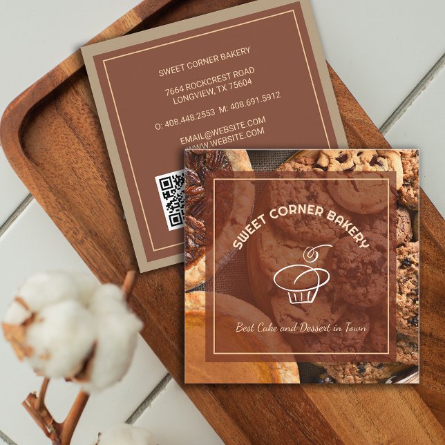 Custom Photo Cake Bakery Logo QR Code Square Business Card (Custom Photo Cake Bakery Logo QR Code Square Business Card)