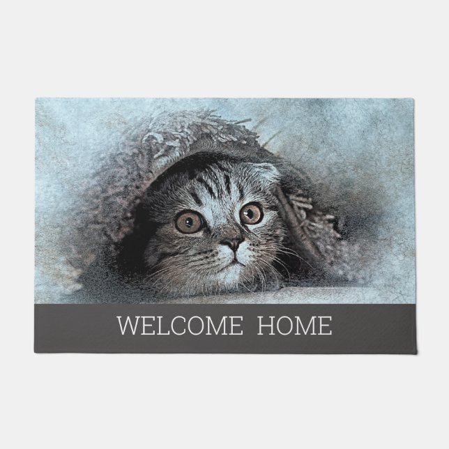 Custom Photo cat kitty welcome home gray Doormat (Front)