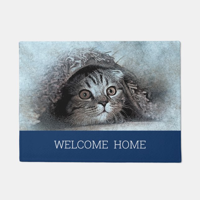 Custom Photo cat kitty welcome home navy blue  Doormat (Front)