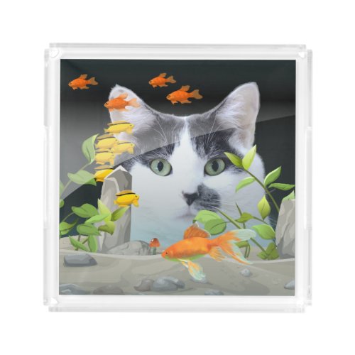 Custom Photo Cat Peering in Fish Tank Acrylic Tray