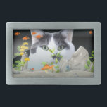 Custom Photo Cat Peering in Fish Tank Belt Buckle<br><div class="desc">Novelty gifts, accessories and home items with portrait of a black and white cat peering longingly at goldfish in a fish tank (2 cat designs available). You can customize this fun collection by swapping the model cats for a photo of your own pet and move the biggest goldfish around so...</div>